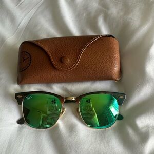 Ray-Ban Clubmaster Green Sunglasses with Brown Leather Case